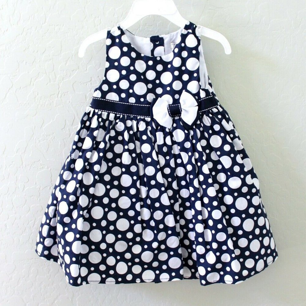 Max Studio Baby Sleeveless Navy White Polkadot Ruffle Dress Size 18M